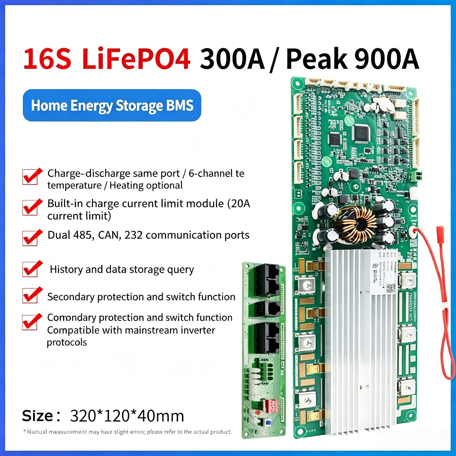 JBD 8S-16S 24V-48V 300A LiFePo4 Home Storage Energy Inverter BMS UART/RS485/CAN