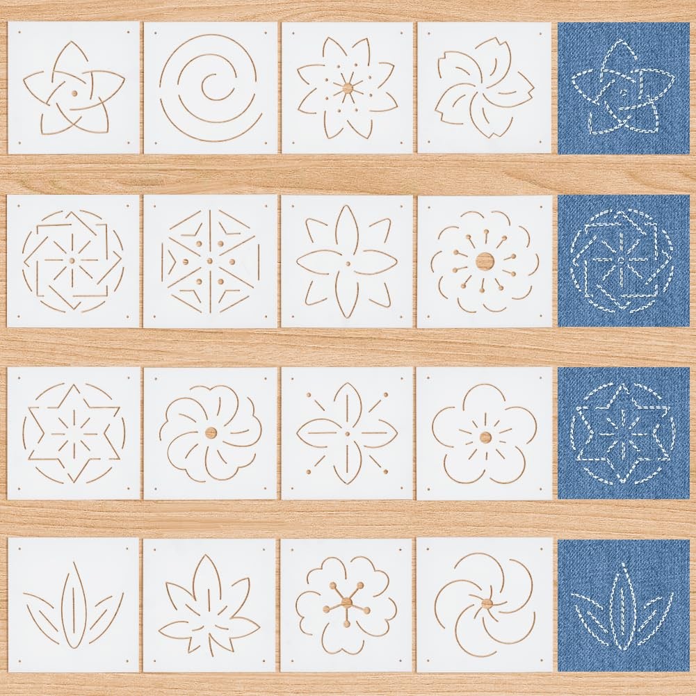 16Pcs Plastic Sashiko Stencil, 5x5inch Flower Patterns Embroidery Tool Drawin...