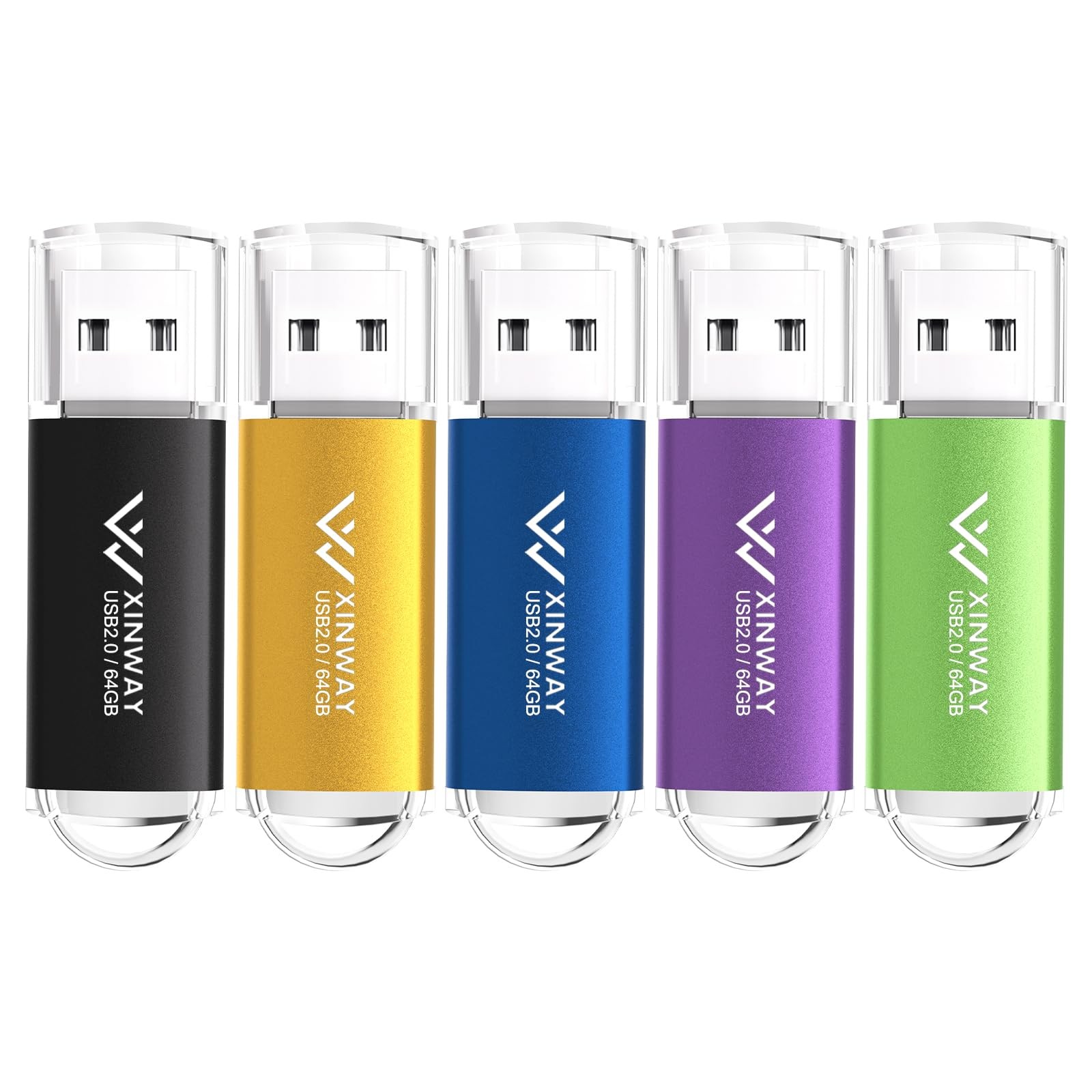 XINWAY 64GB USB 2.0 Flash Drives Thumb - Black Blue Green Gold Purple