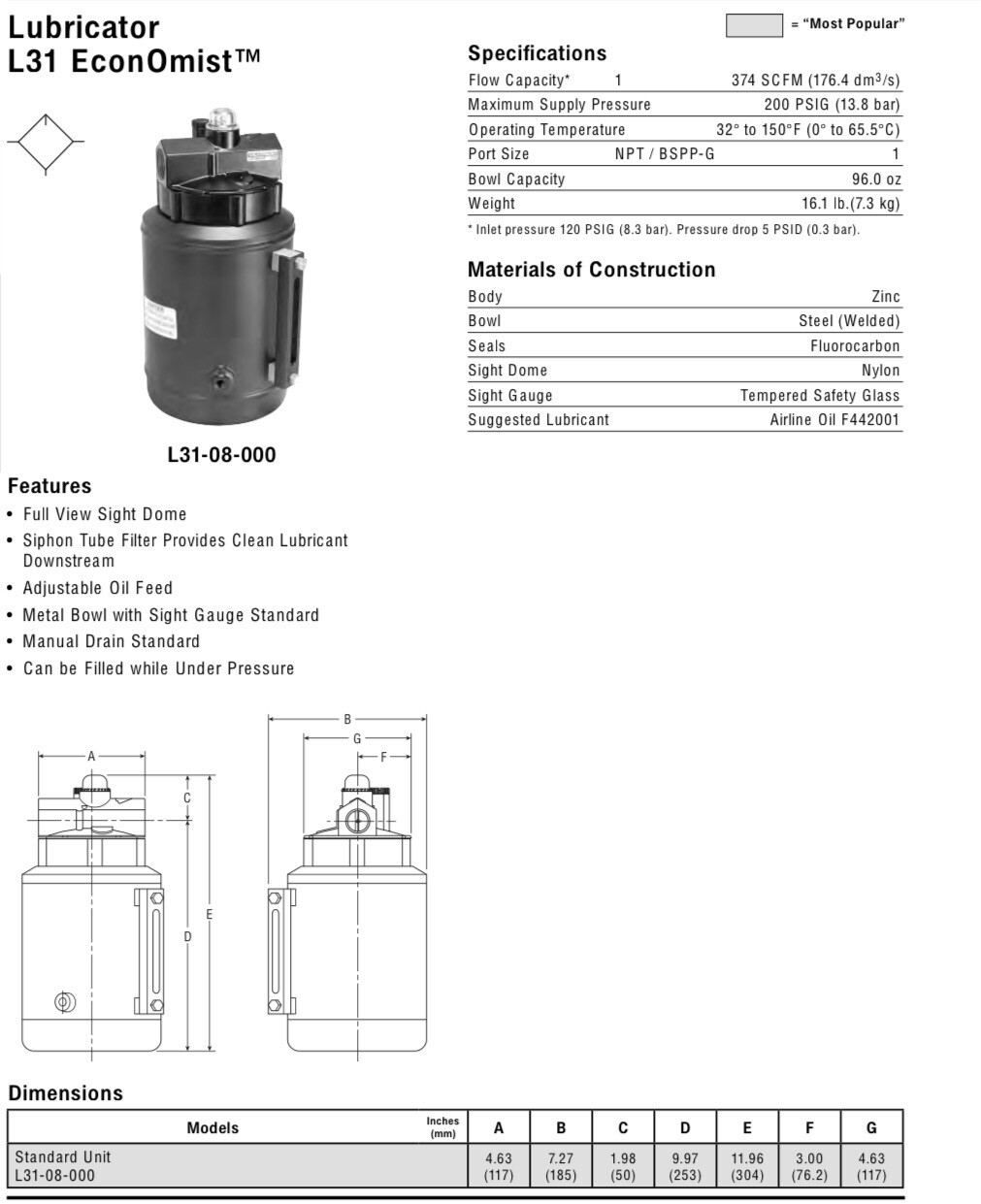 Wilkerson  L31-08-000, EconOmist LUBRICATOR, SIGHT GAUGE, L31 SERIES, L41-0B-000