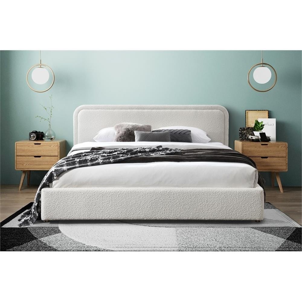 Pemberly Row Upholstered Platform King Bed in White Boucle Fabric