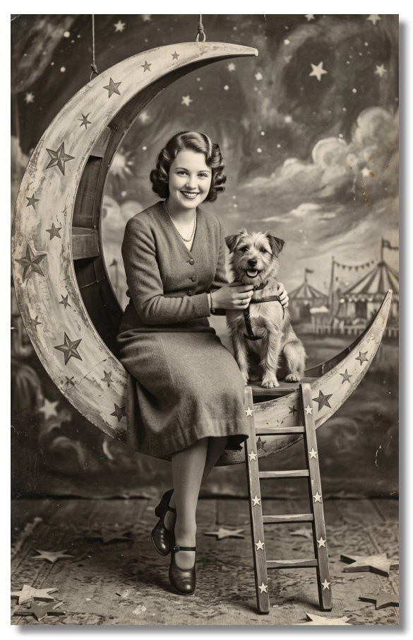 Vintage‑STYLE  ART  RPPC-LADY ON CRESCENT MOON WITH DOG CIRCUS BACK-FAUX PHOTO