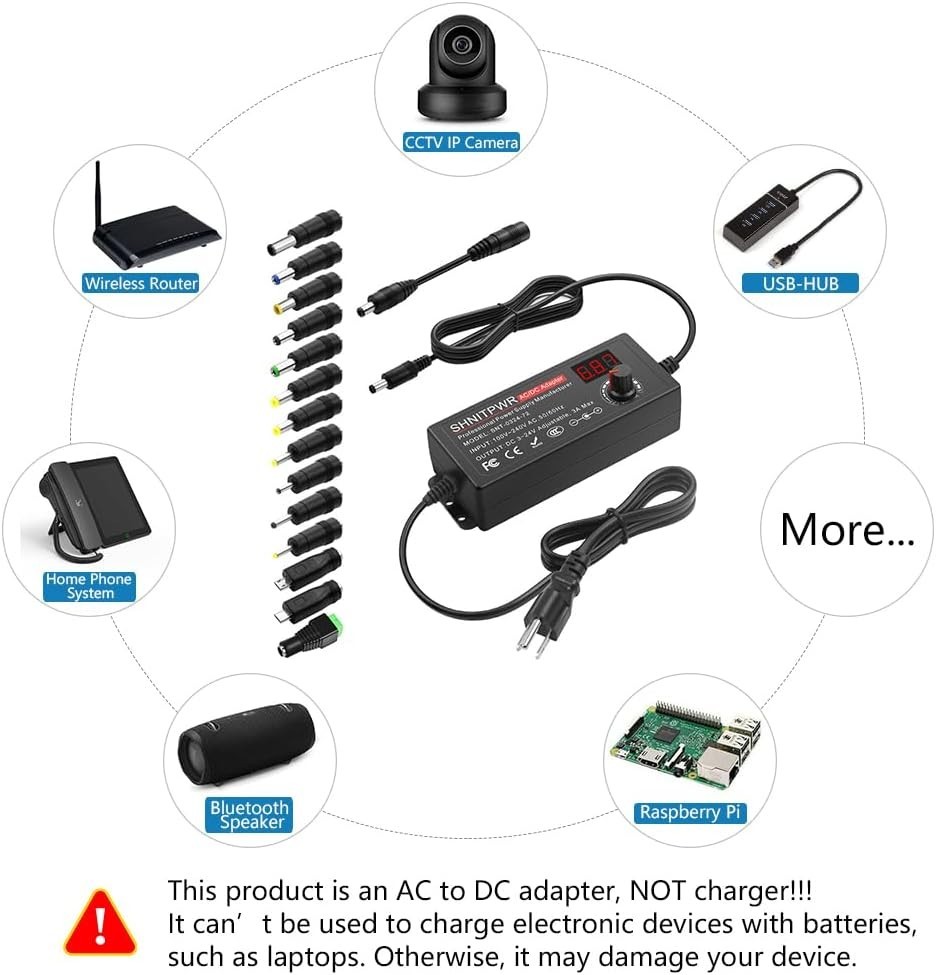 72W Universal AC/DC Adapter with Adjustable Voltage and Multiple Tips Included