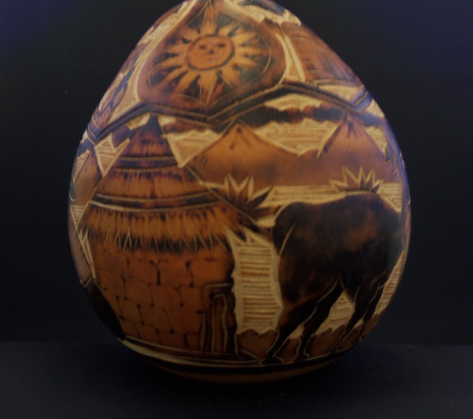 Hand Carved Peruvian Gourd Sun Moon Bird Jaguar, Snake, Pyramids, Alpacas