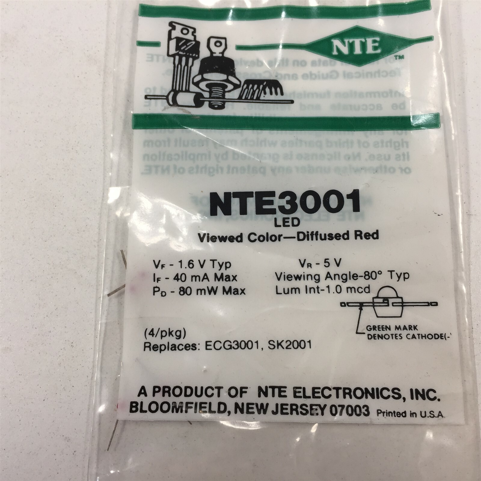 (16) NTE3001 EGC3001 Light Emitting Diode Miniature, Diffused Red - Lot of 16