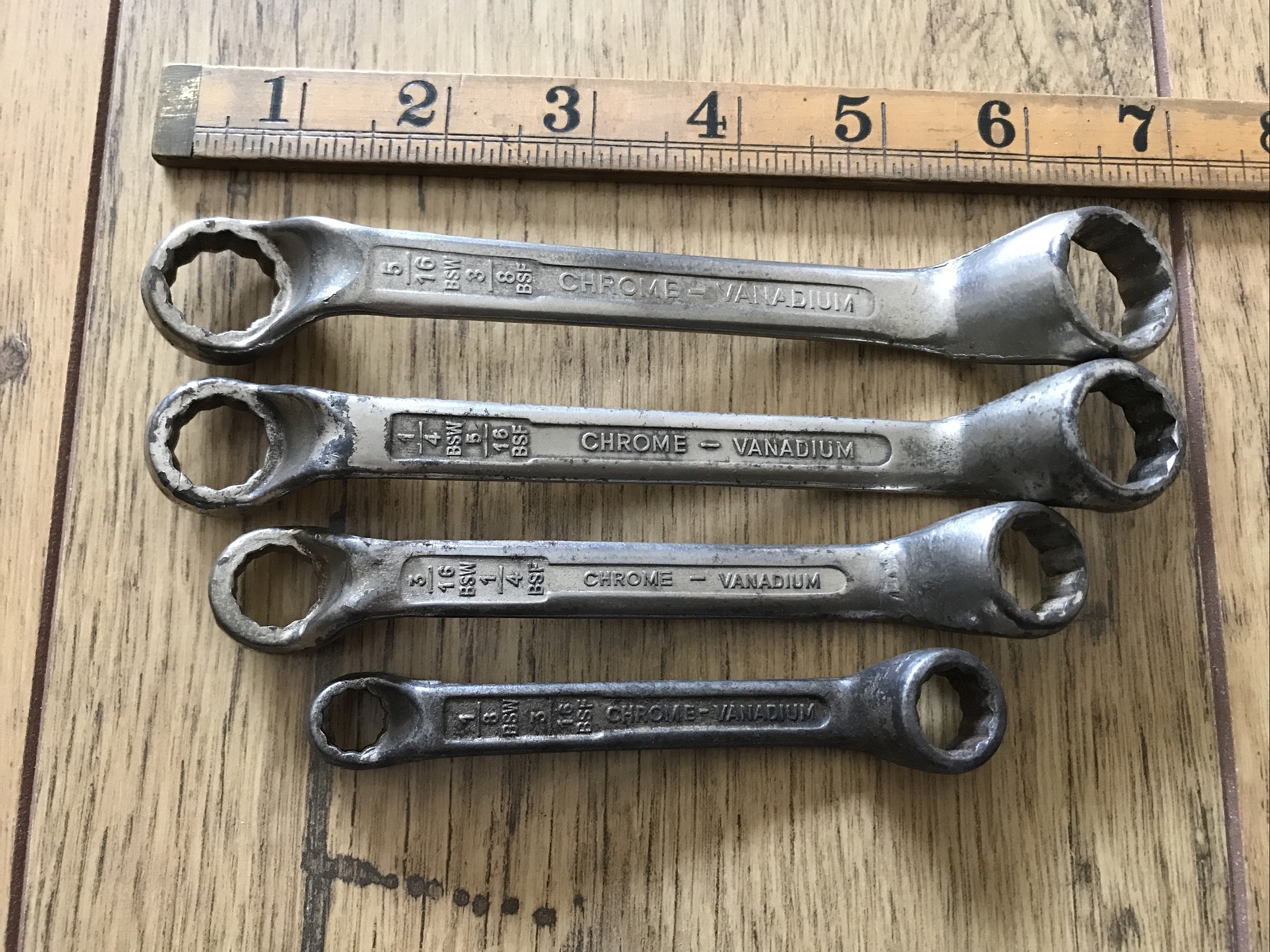 4 Vintage German Whitworth Short Ring Spanners 3/8"W to 1/8"W. No 3.