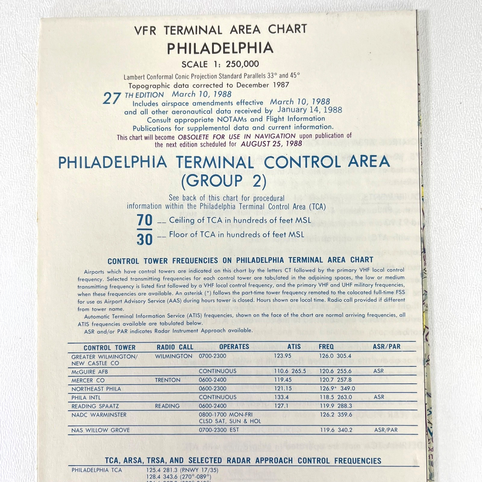 1988 FAA Philadelphia Terminal Area Chart Aviation Map TAC 27th Edition