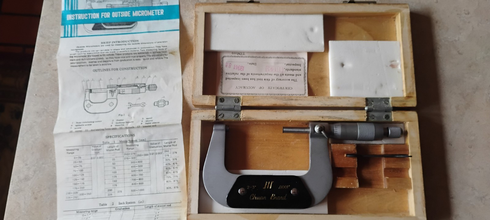 Chuan Brand 2 - 3"'' Outside Micrometer 0.0001'' in Wood Box