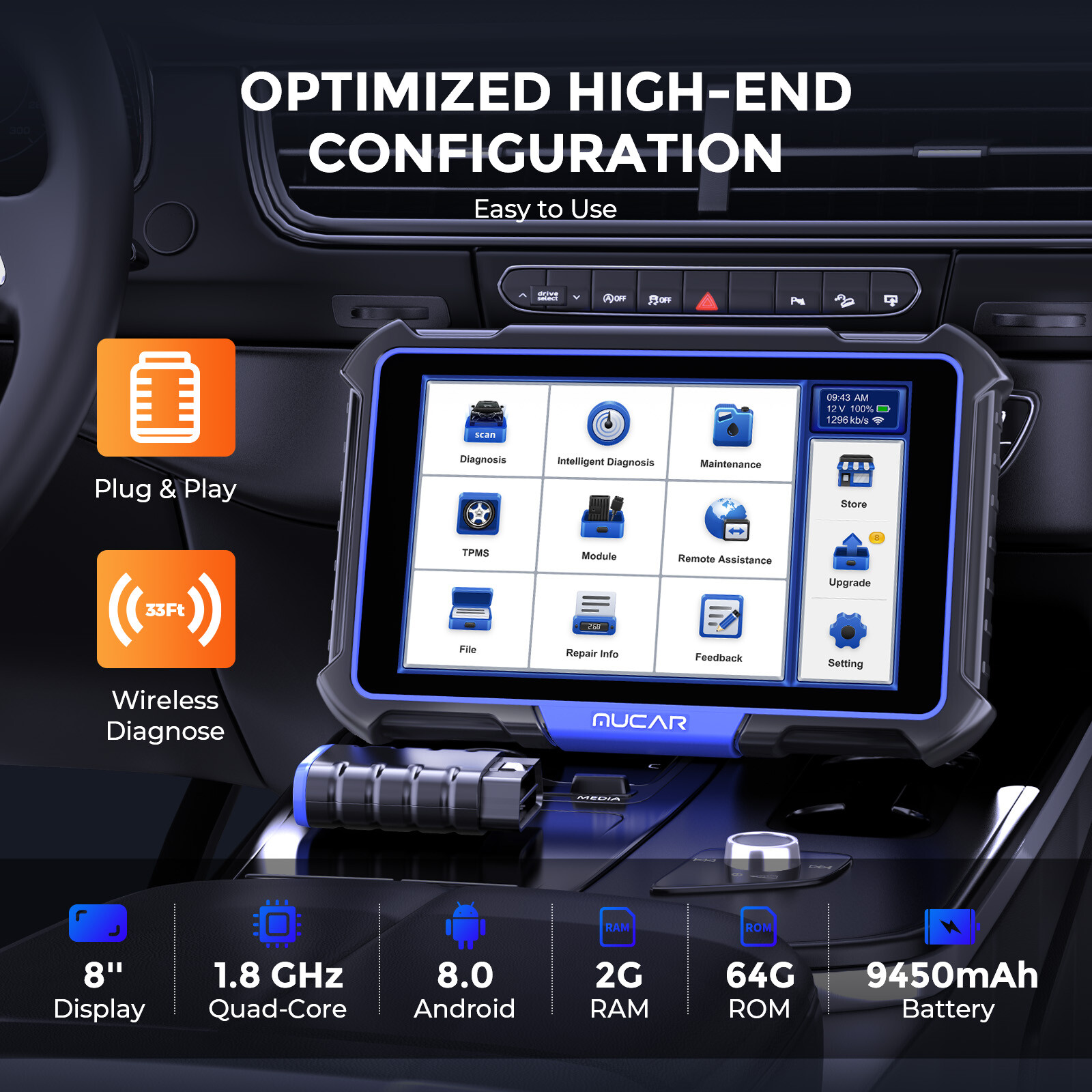 MUCAR VO8 Key Fob Programmer Kit TPMS Scanner OBD2 Diagnostic Tool 35+Reset FREE