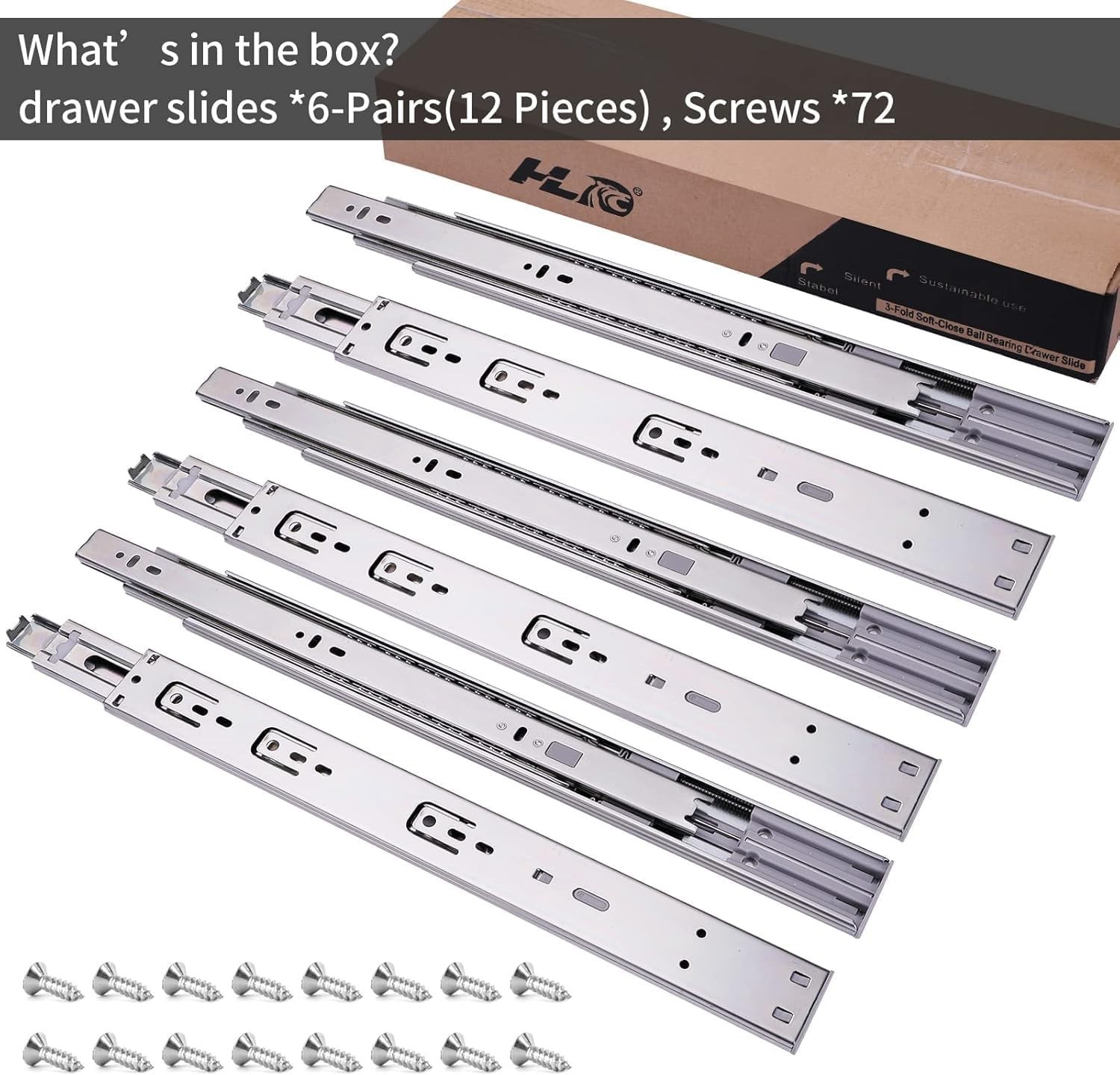 22-Inch Silver Self-Close Drawer Slides, Durable, 6 Pairs for Easy Installation