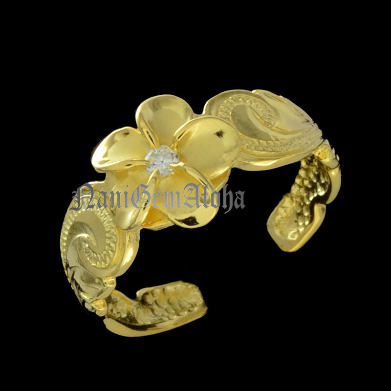 Hawaiian Silver Scroll 8mm Plumeria Flower Toe Ring 14 K Yellow Gold Plated