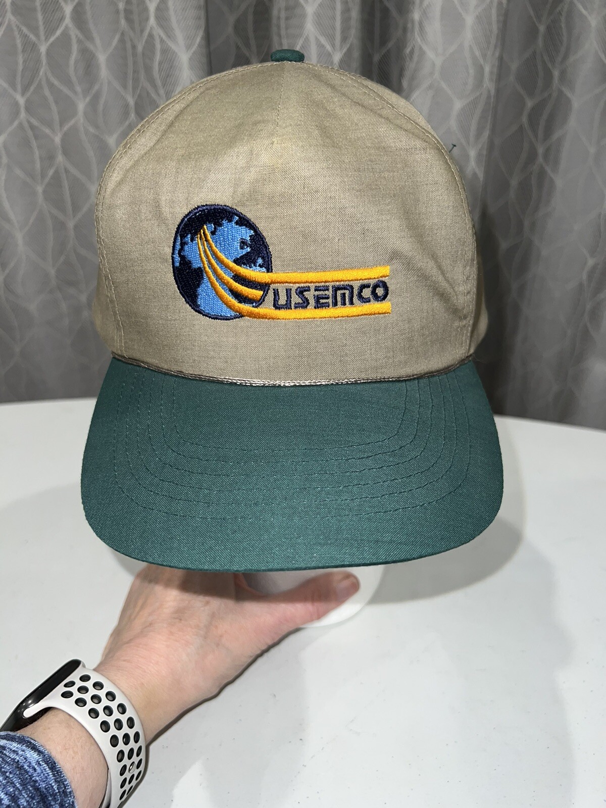 Light Brown Green Bill USEMCO Logo Embroidered Hat Cap Snapback EUC Adj