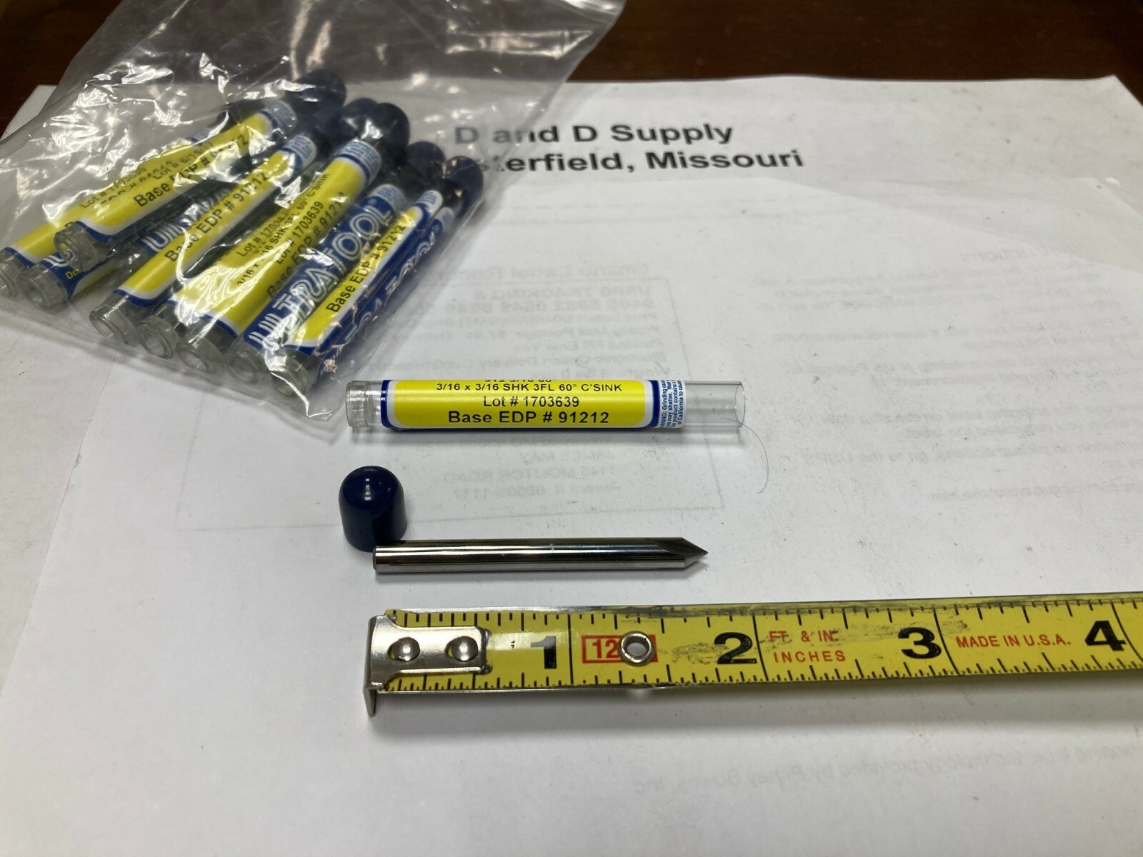 UltraTool 91212, 3/16x 3/16", 60° Angle, 3-Flute, Carbide Countersink, USA Made
