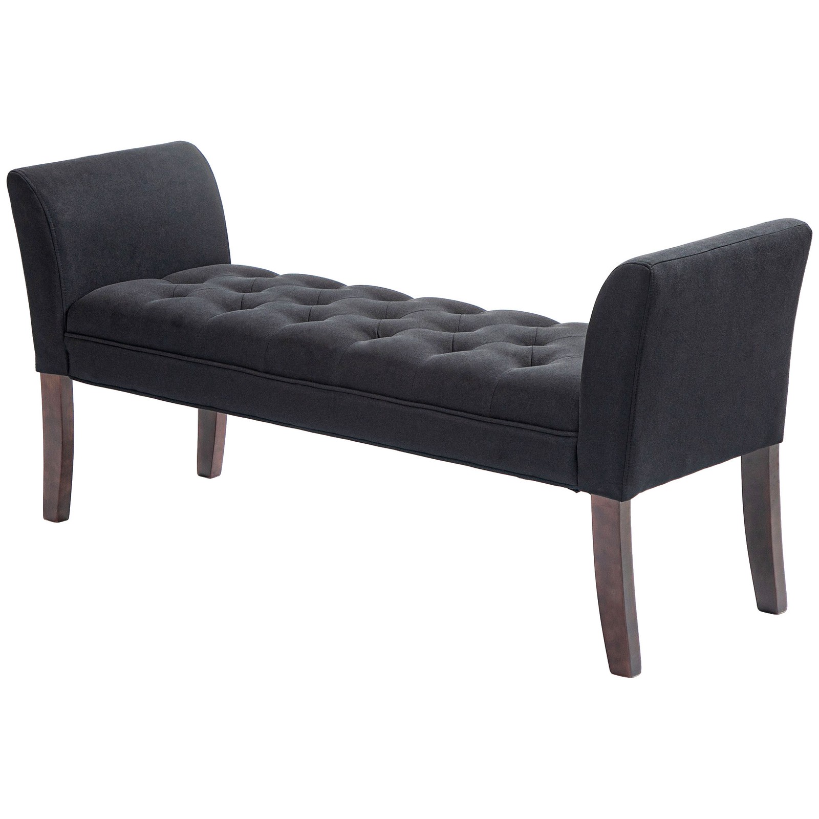 Button Tufted End of Bed Bench with Upholstered Arms and Solid Wood Legs, Black