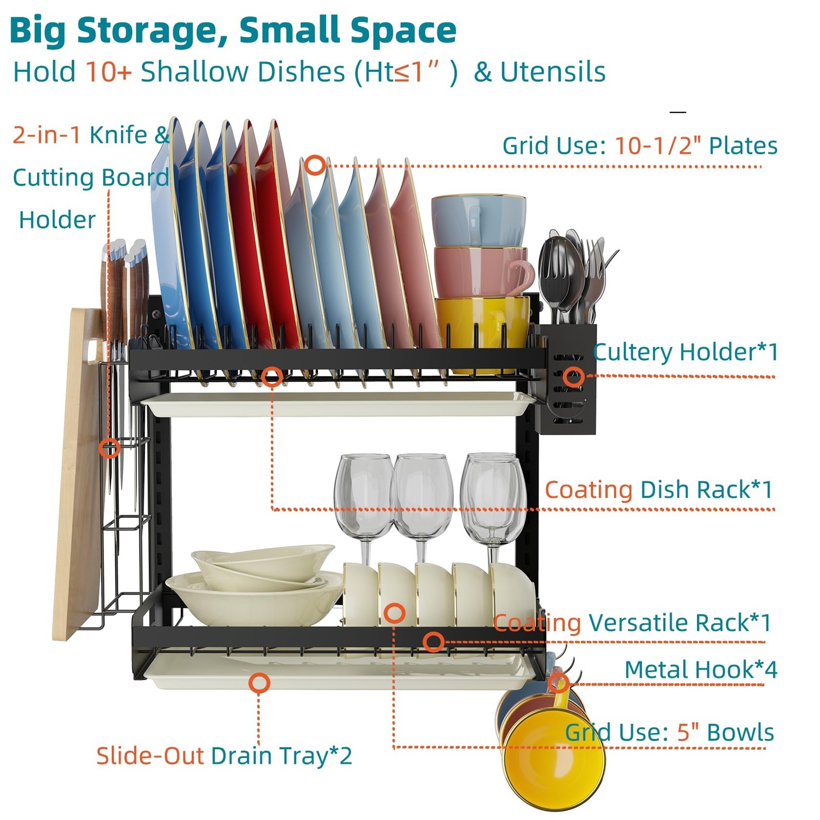 Hanging Wall Mounted Dish Drying Rack, Cutting Board Rack*1, Hook*4, Drain Tr...