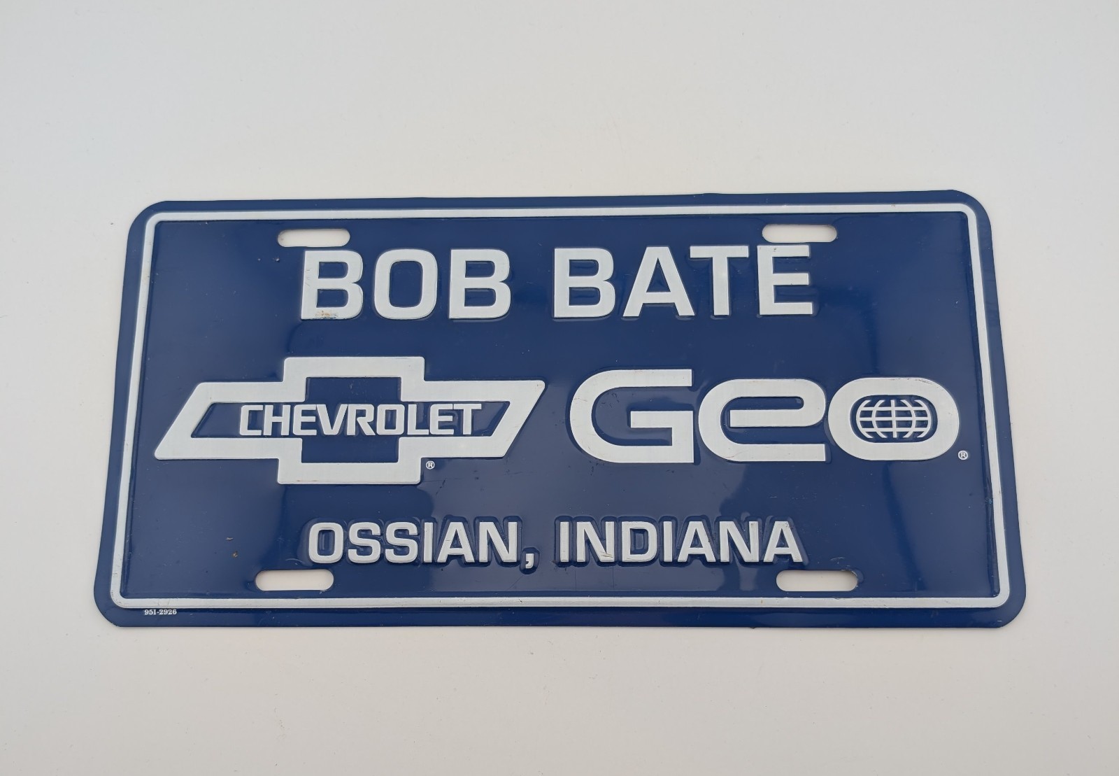 Vintage Bob Bate Chevrolet Geo Metal Dealer License Plate Ossian Indiana Chevy