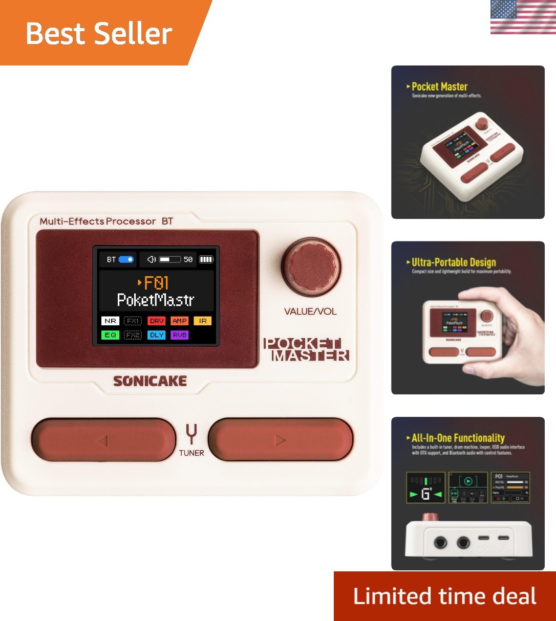Pocket Master-Portable Multi Effects Pedal, 100+ Built-in Guitar/Bass/Acousti...