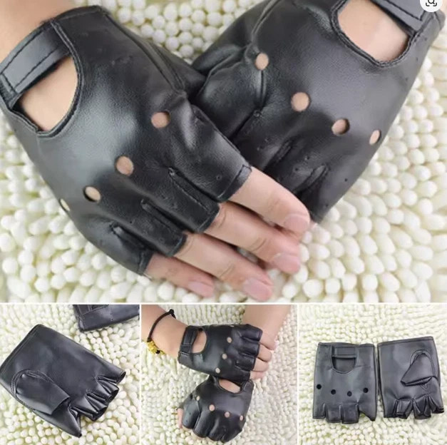Mens Motorcycle Fingerless Leather Half Finger Driving Biker Black Gloves
