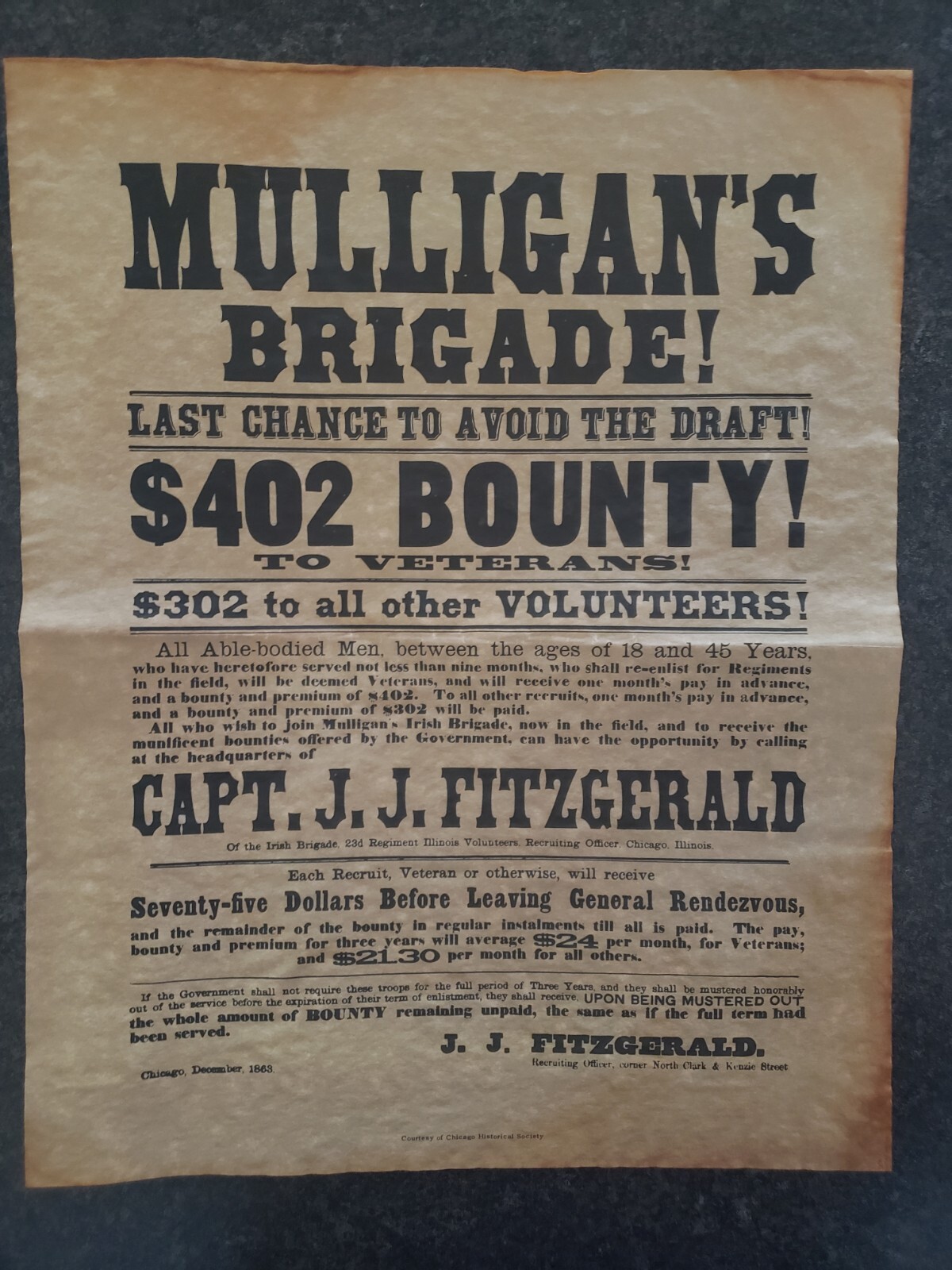 VTG Mulligan's Brigade 1863 Civil War Recruitment Poster 1960s Mid Century Repo