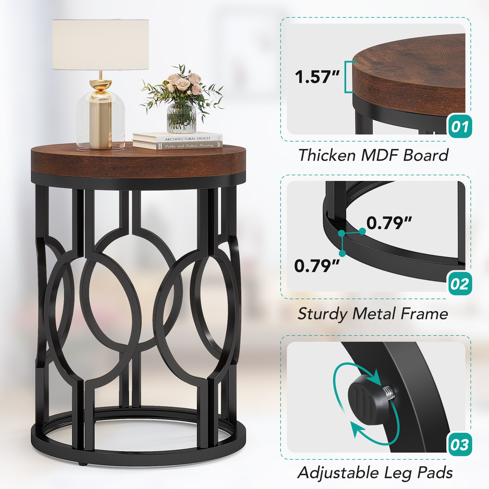Round End Table, Industrial Side Table Small Bedside Table w/ Metal Hollow Frame
