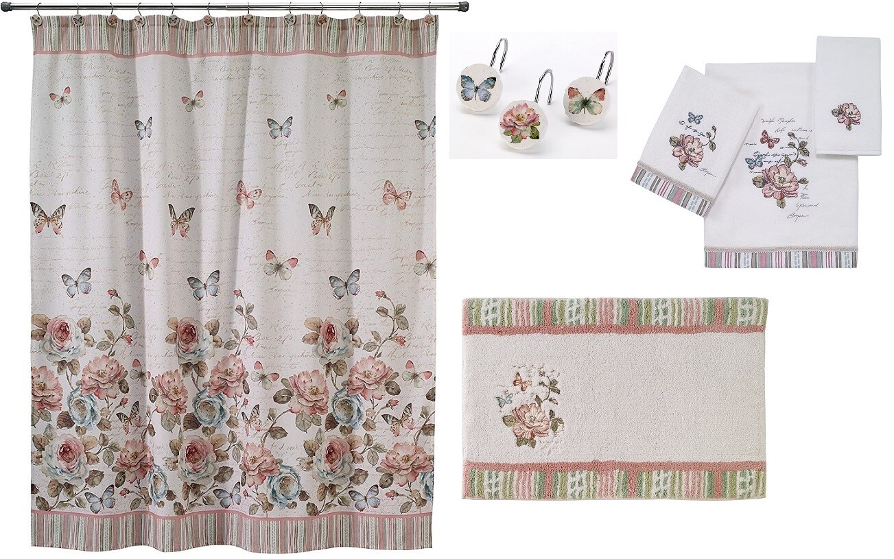 Avanti Linens Butterfly Garden Shower Curtain, Hooks, Towel Set and Rug, Multi