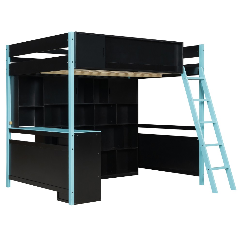 Full Size Wood Loft Bed with Desk, Ample Storage Space and Light Blue Bed Frame