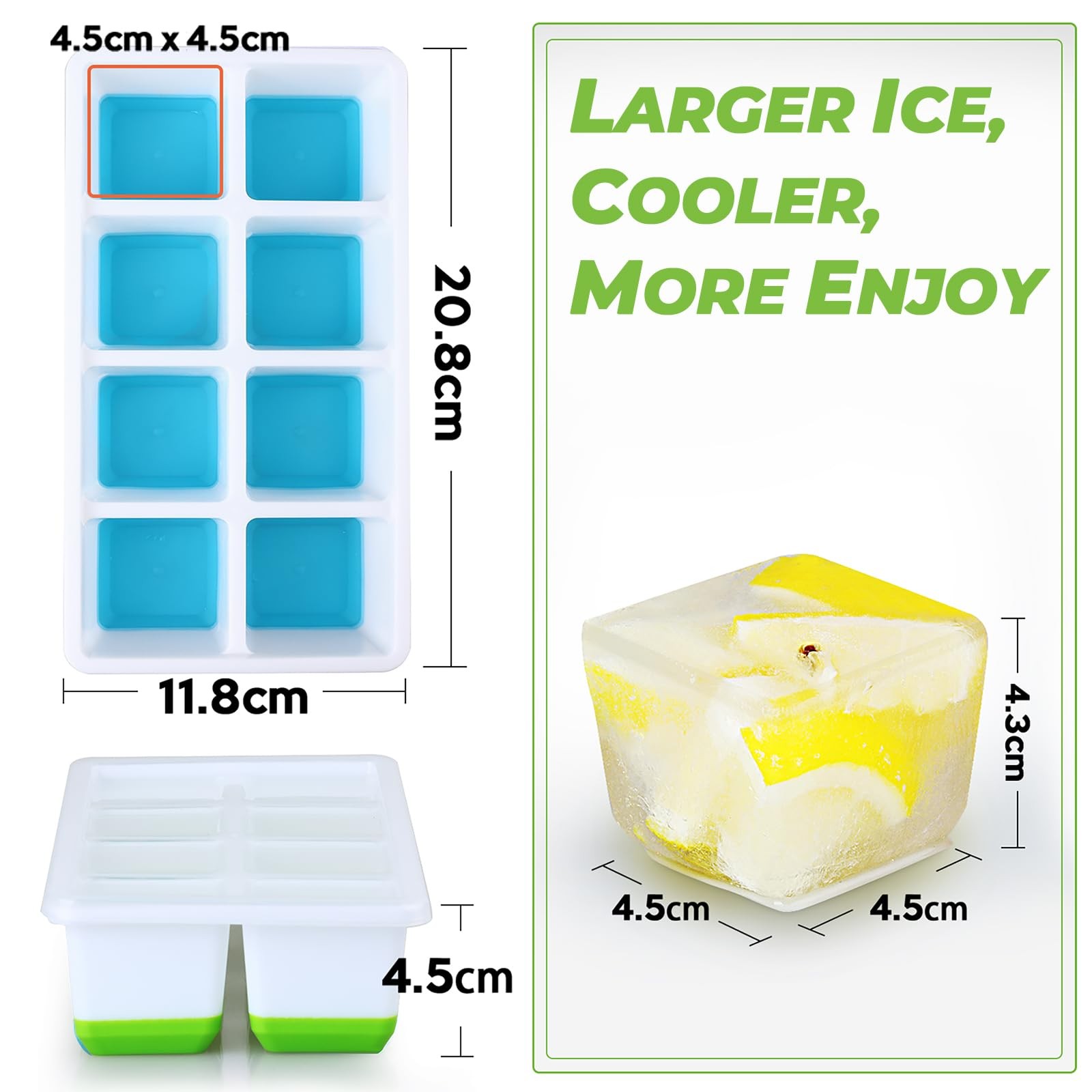 Large Ice Cube Trays with Lid, Jrisbo 2 Pack Stackable Silicone Large, Green