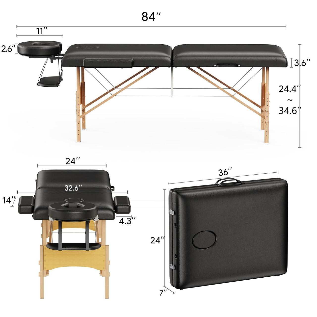 Massage Table Portable Wooden Lash Bed 24" Wide Adjustable Height 2-Fold