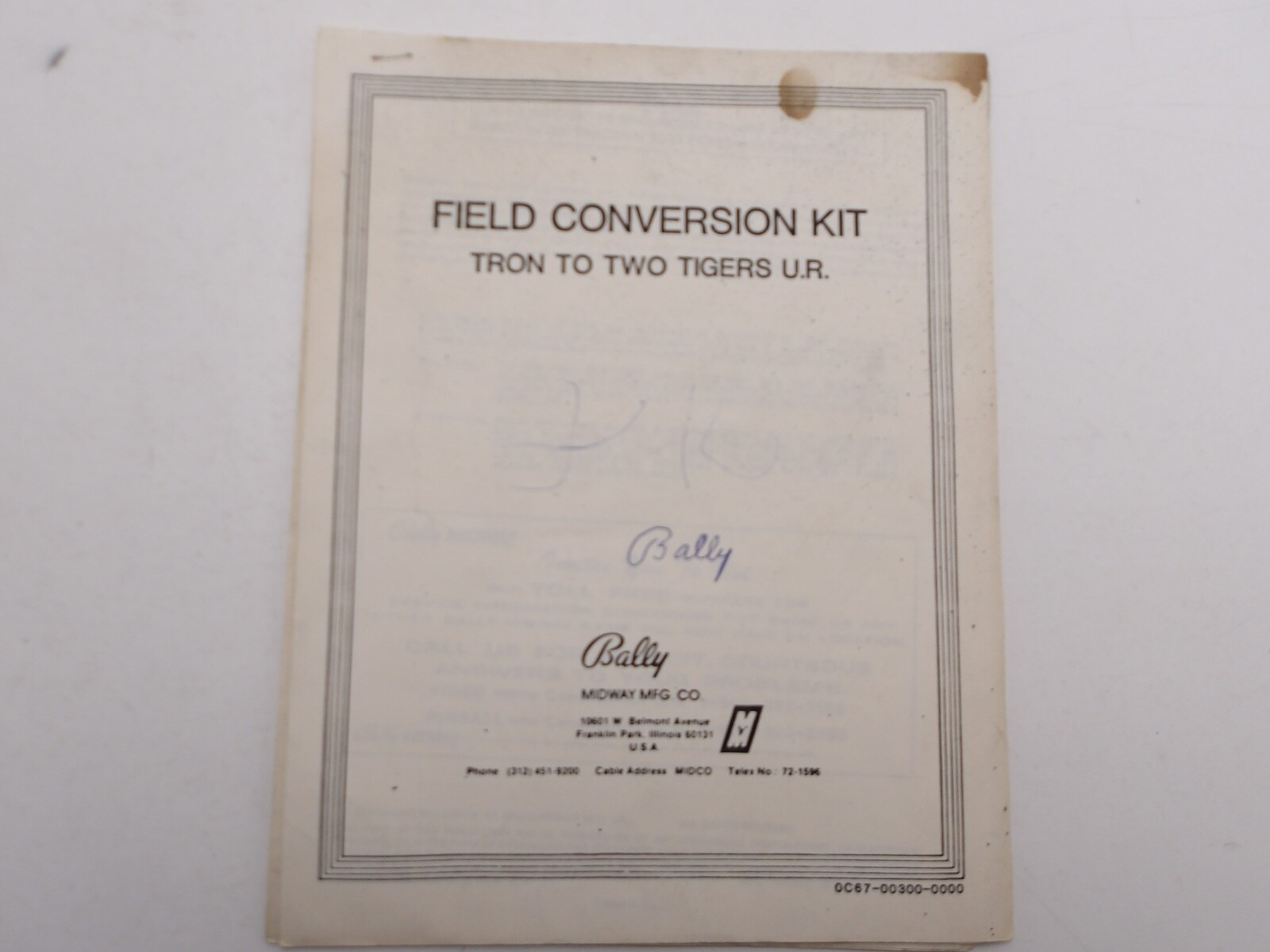 Bally / Midway- Two Tigers U.R.-  Tron to Two Tigers Conversion Kit Manual
