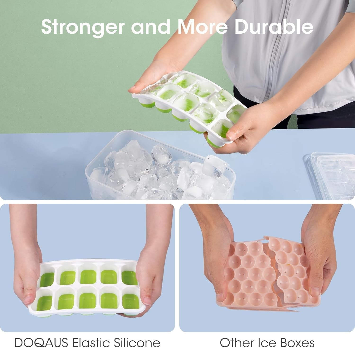 Silicone Ice Cube Trays for Freezer, 4 Pack with Storage Bin &