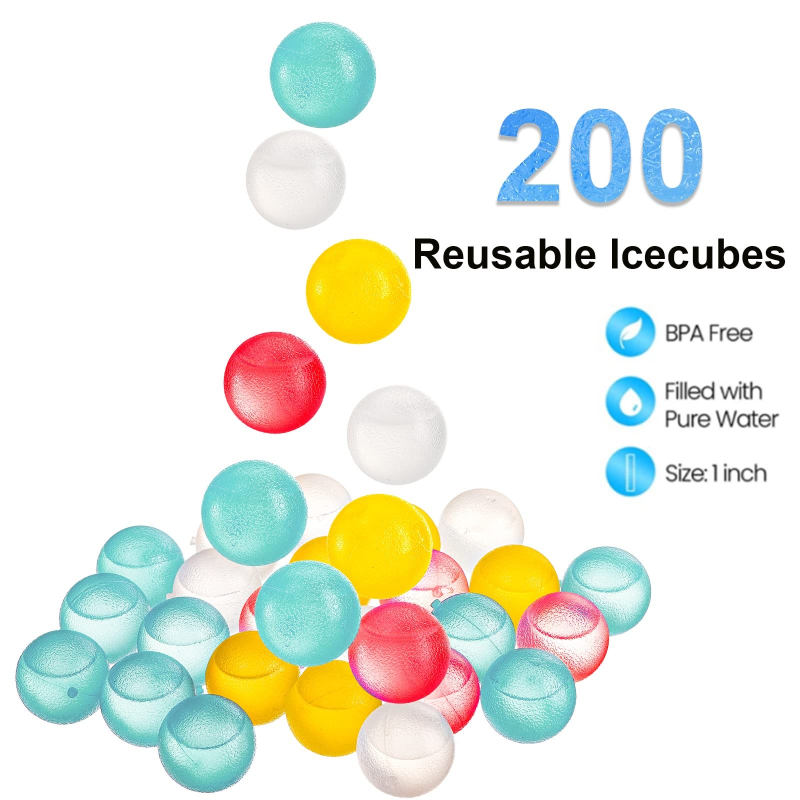 200 Pack Reusable Ice Cubes for Drinks, Colored Plastic, Round for Cocktails,...