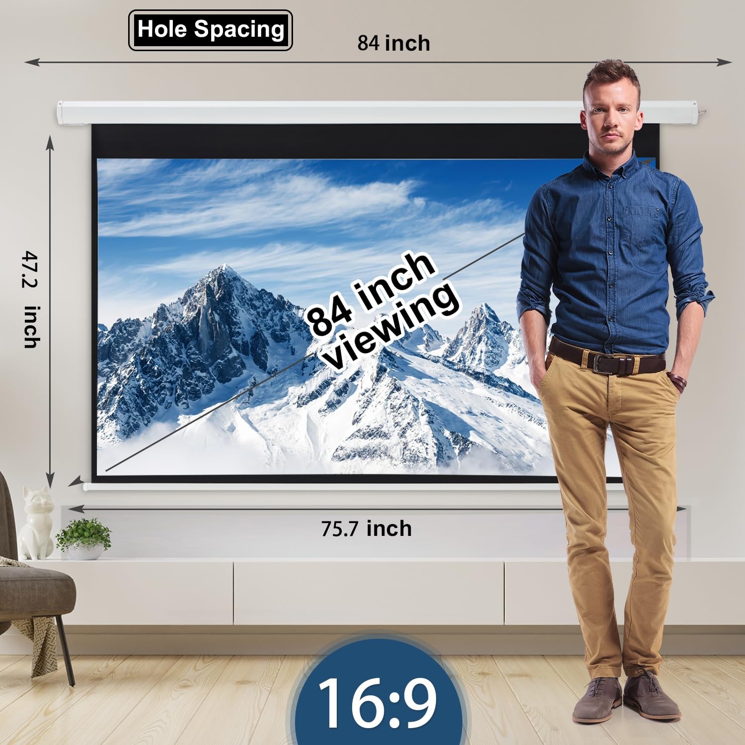 Projector Screen Motorized Auto Pull Down Screens(84'' 16:9 White)