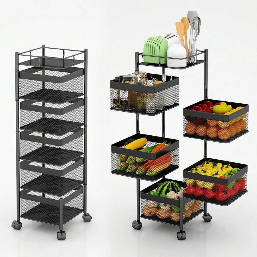5-Tier Rolling Fruit & Vegetable Basket Rack No Assembly Black Iron Storage Cart