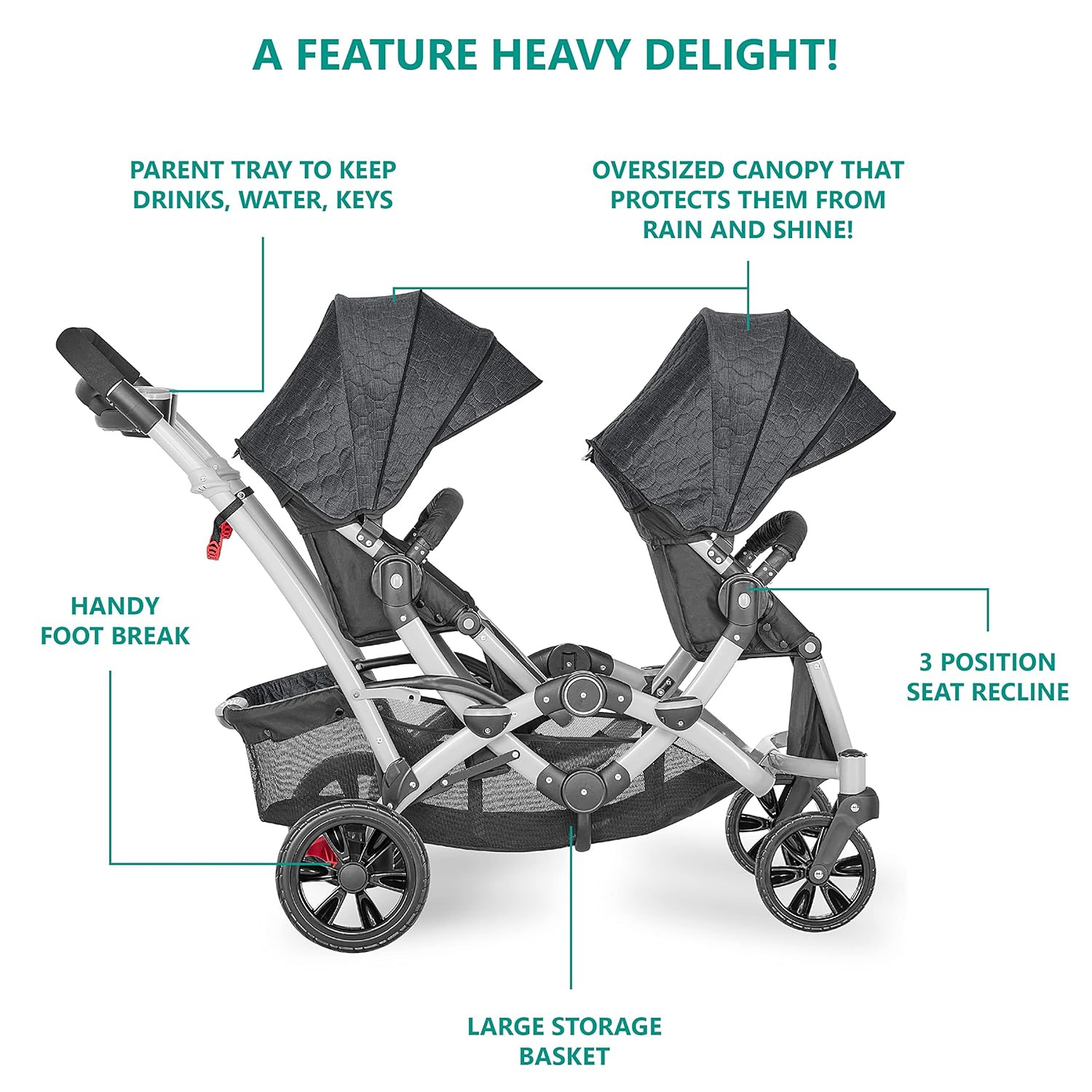 Track Tandem Double Umbrella Stroller in Slate, Lightweight Double Stroller for