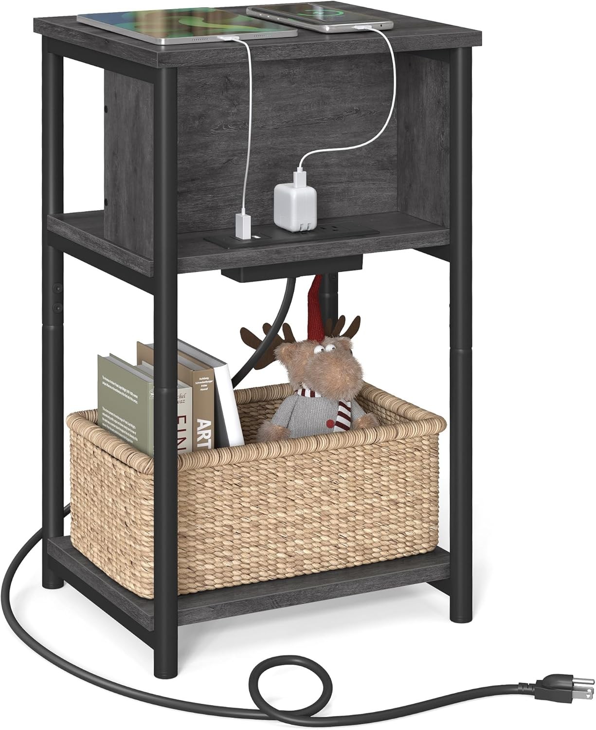 Side Table W/ Charging Station 3-Tier End Table W/ USB Ports & Outlets