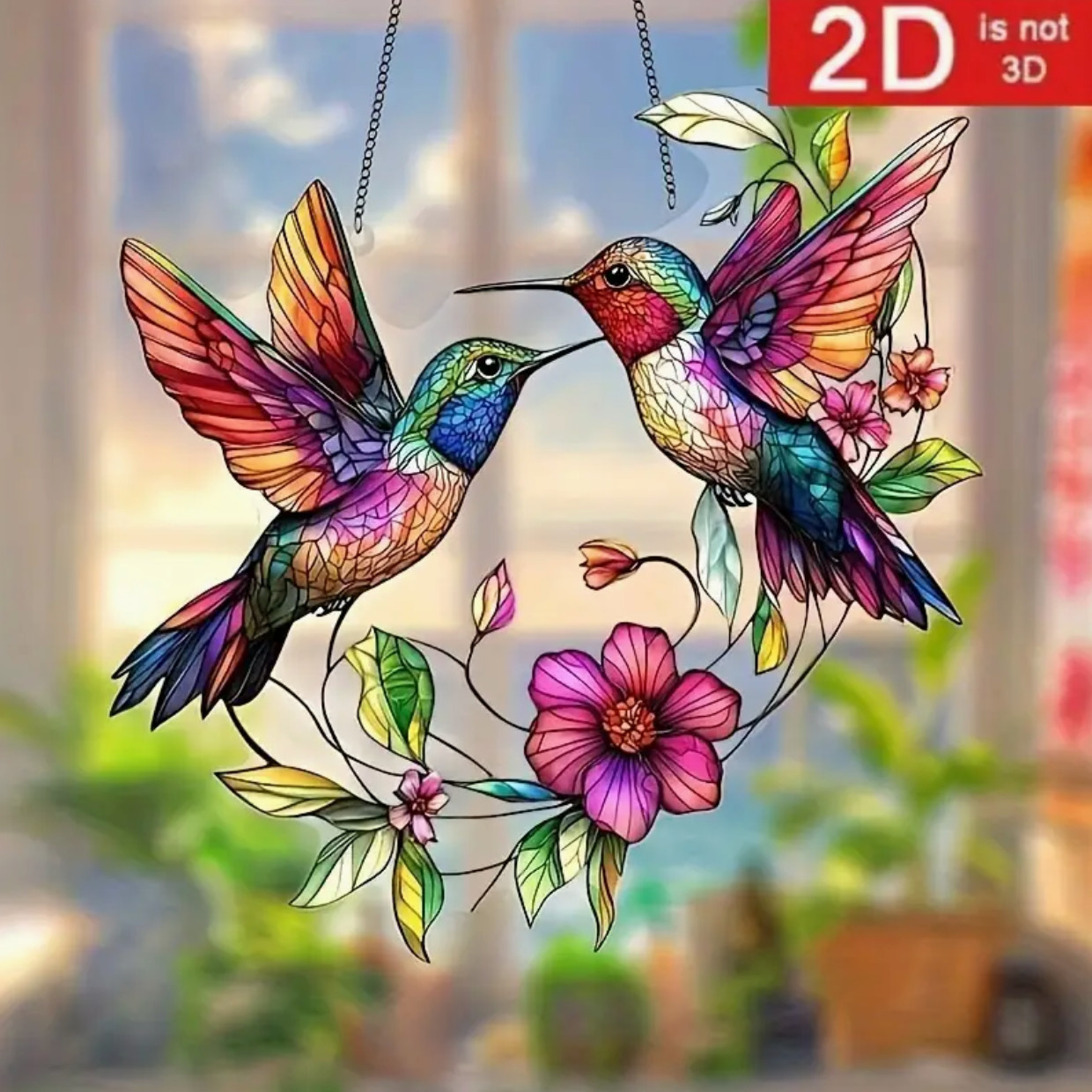 Large Acrylic Hummingbird Suncatcher-2D-Stained Glass Look-Beautiful Colors-8in