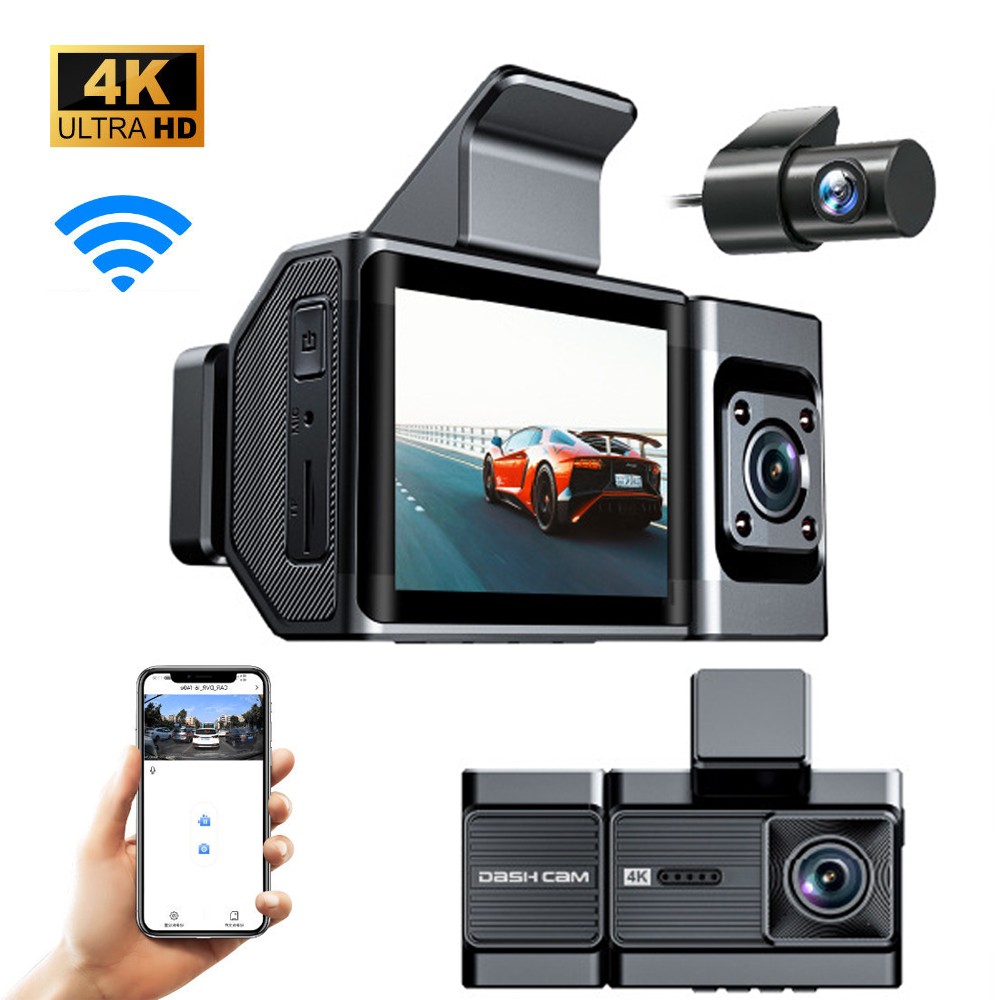 3-Channel Dash Camera Ultra HD 4K Dash Cam Front Inside and Rear with WiFi & GPS