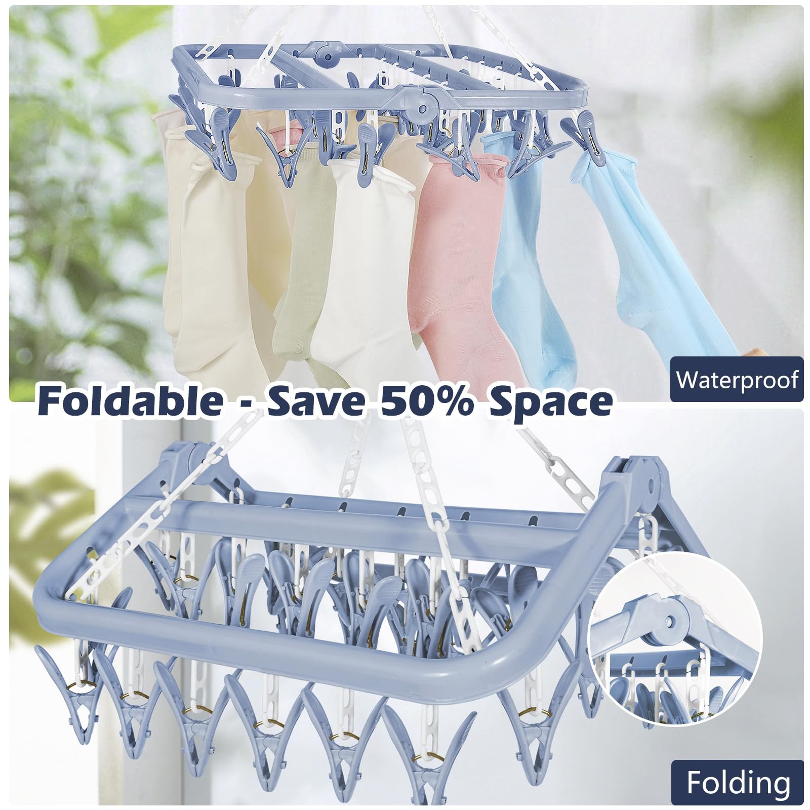 Clothes Drying Rack with 32 Clothespins, Bule Foldable Hanging Drying Racks, ...