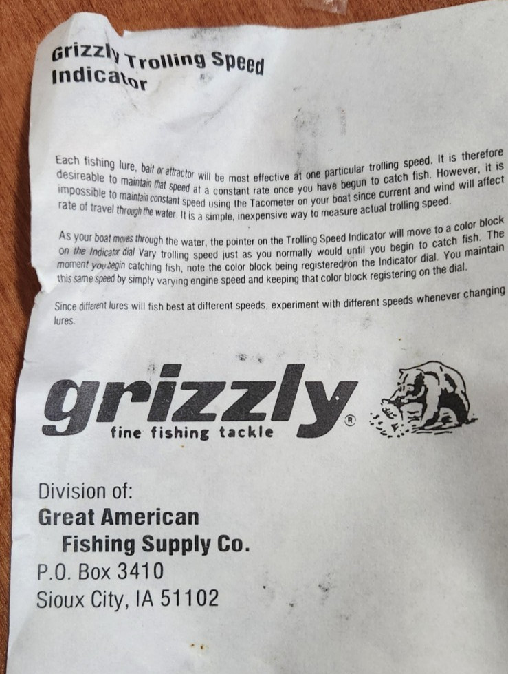 VINTAGE GRIZZLY TROLLING SPEED INDICATOR