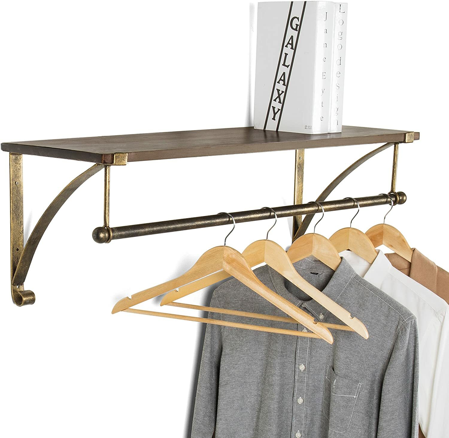 Wood & Antique Bronze Metal Wall Mounted Floating Shelf w/ Garment Hanger Rod