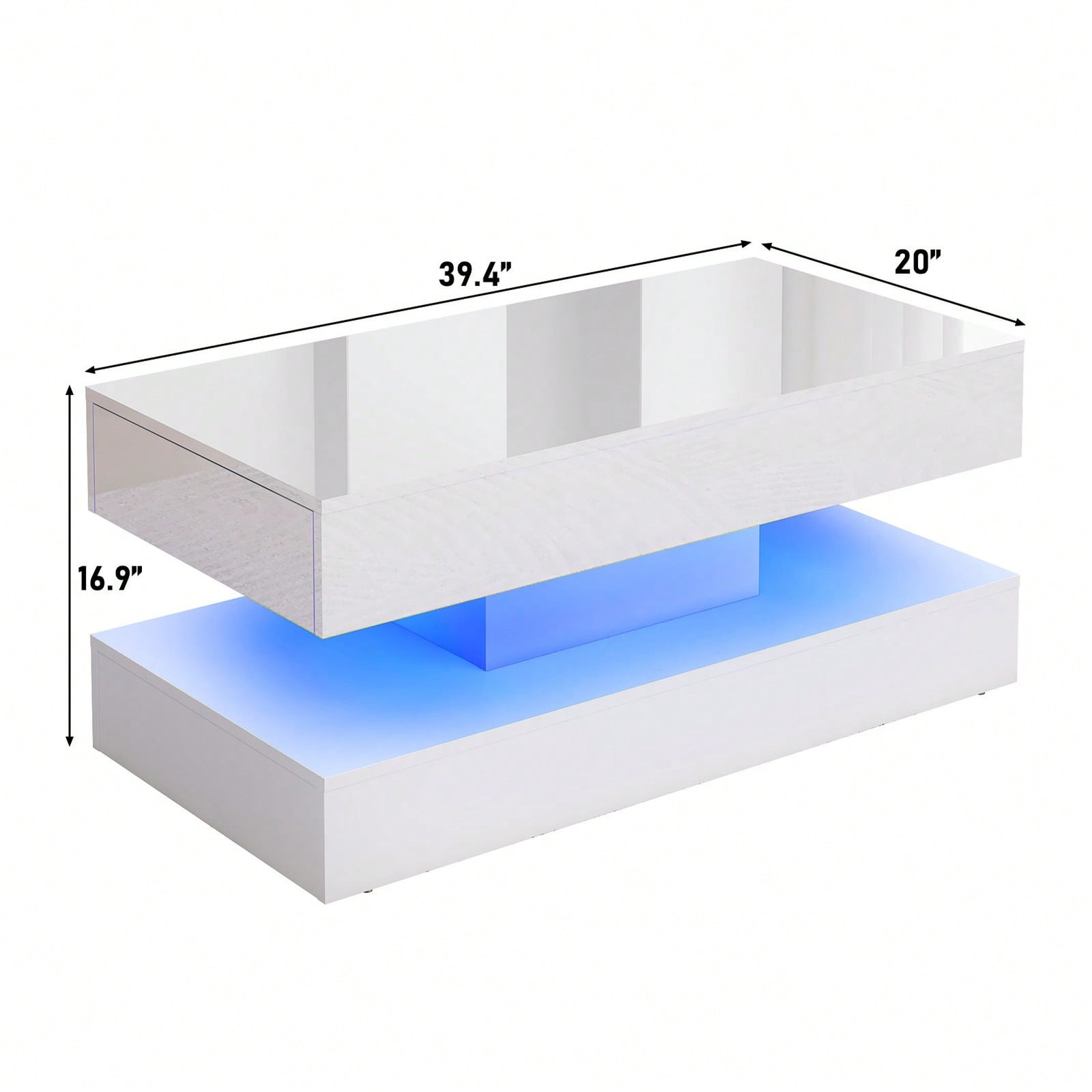 Solid White 39.4 Inch High Gloss LED Coffee Table With 2 Sliding Drawers