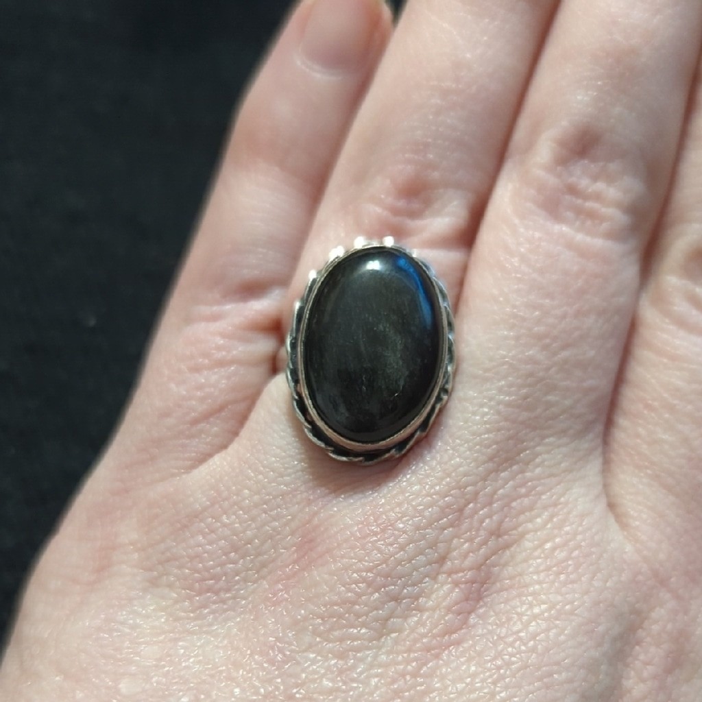 Silver Plated Black Moonstone Gemstone Oval Statement Ring - Size 6