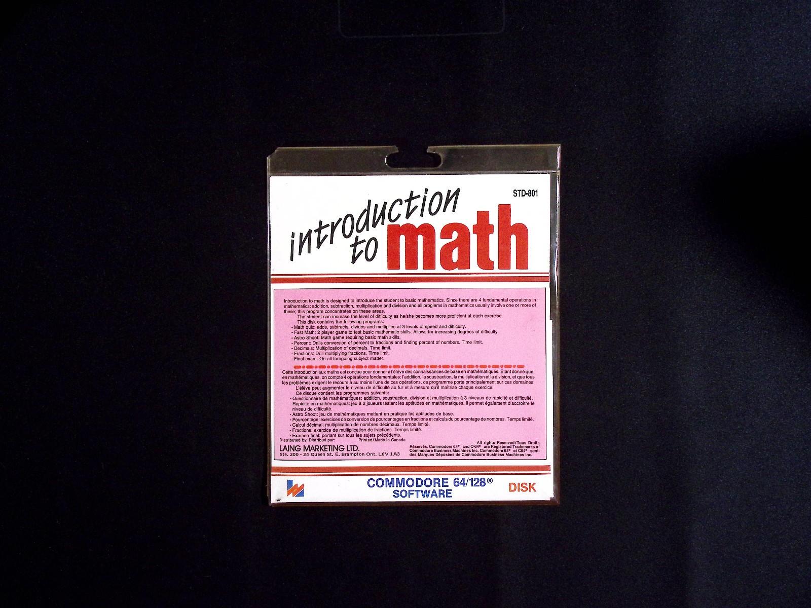 LANG MARKETING Introduction to Math Commodore 64 128 Software Disk Vintage 1980s