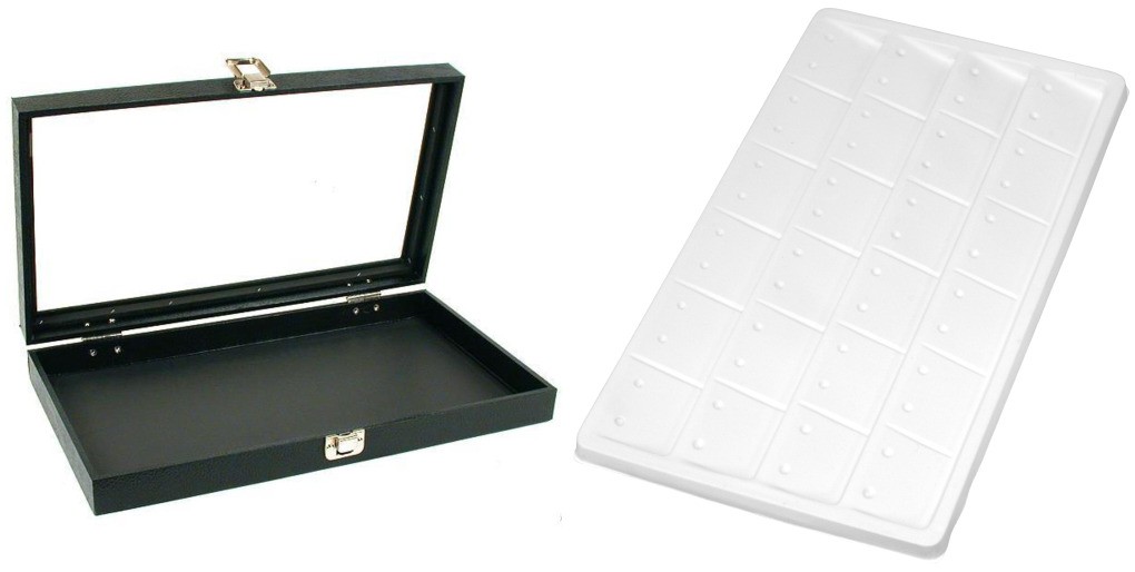 Glass Lid Jewelry Display Case 14 3/4" w/ White 24 Earring Display Tray Insert