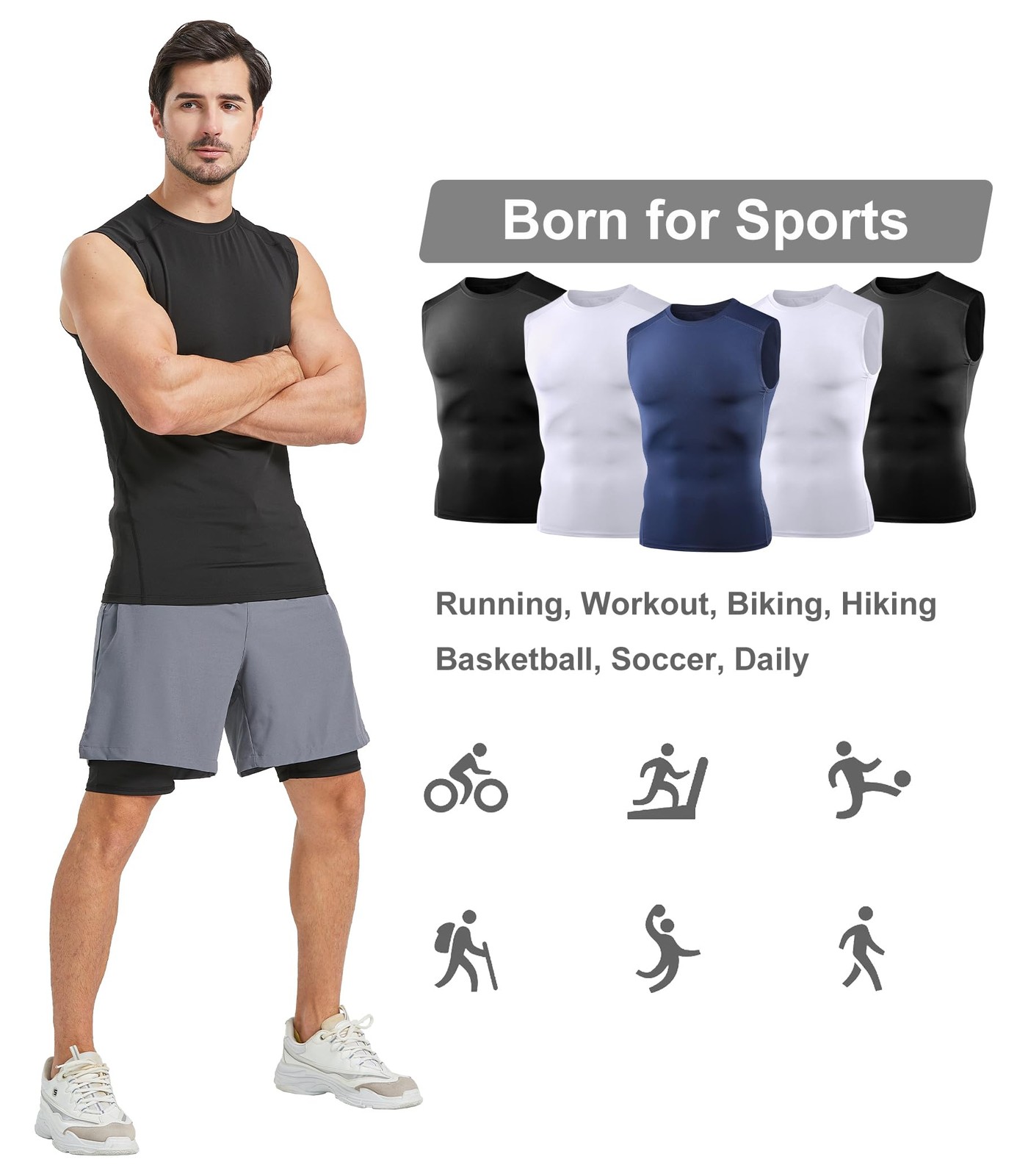 Dalavch 5 Pack Men’s Sleeveless Compression Medium, 2 Black 2 White 1 Blue