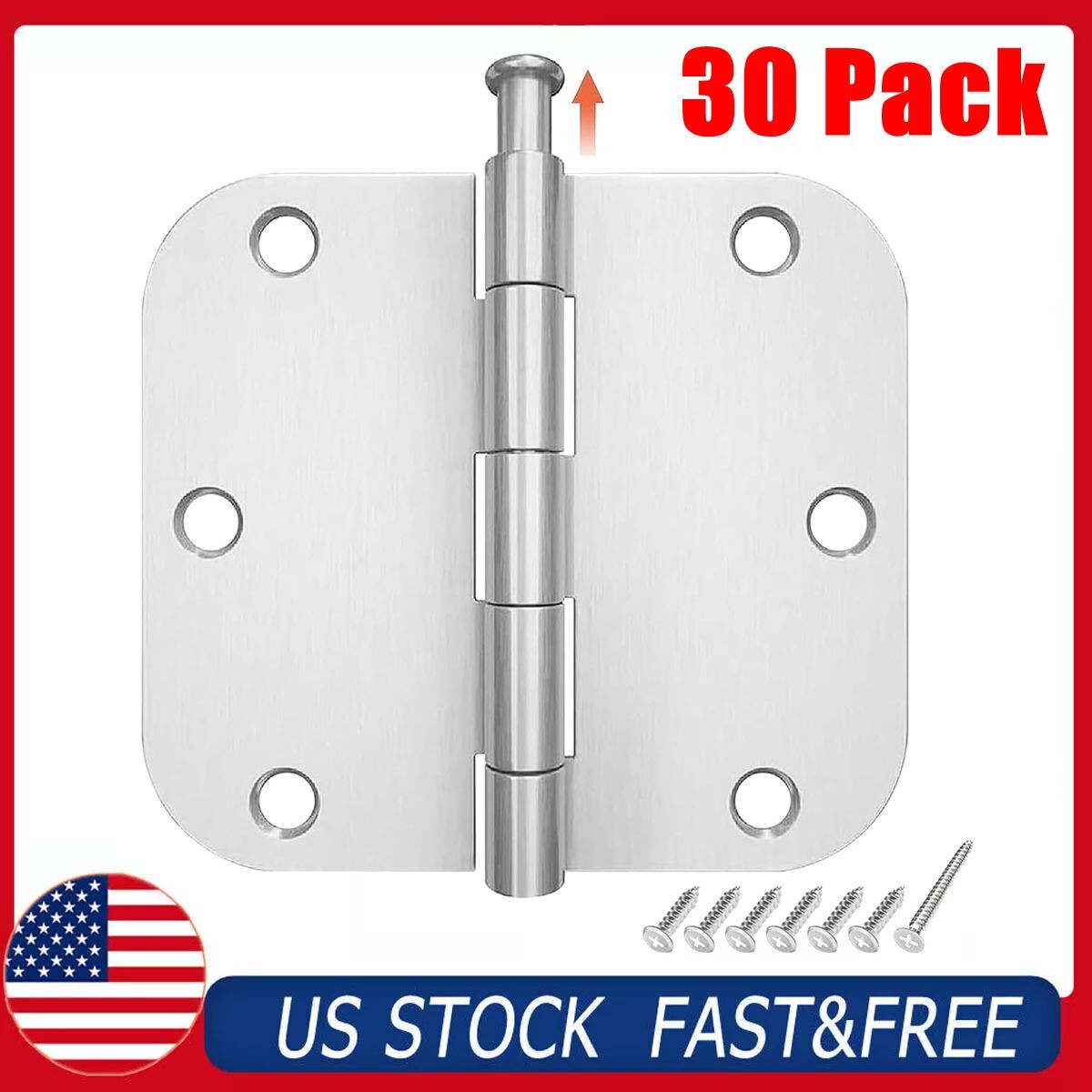 30 Pack Door Hinge Satin Nickel Interior 3.5" x 3.5" 3 1/2" 5/8 Radius Corner US
