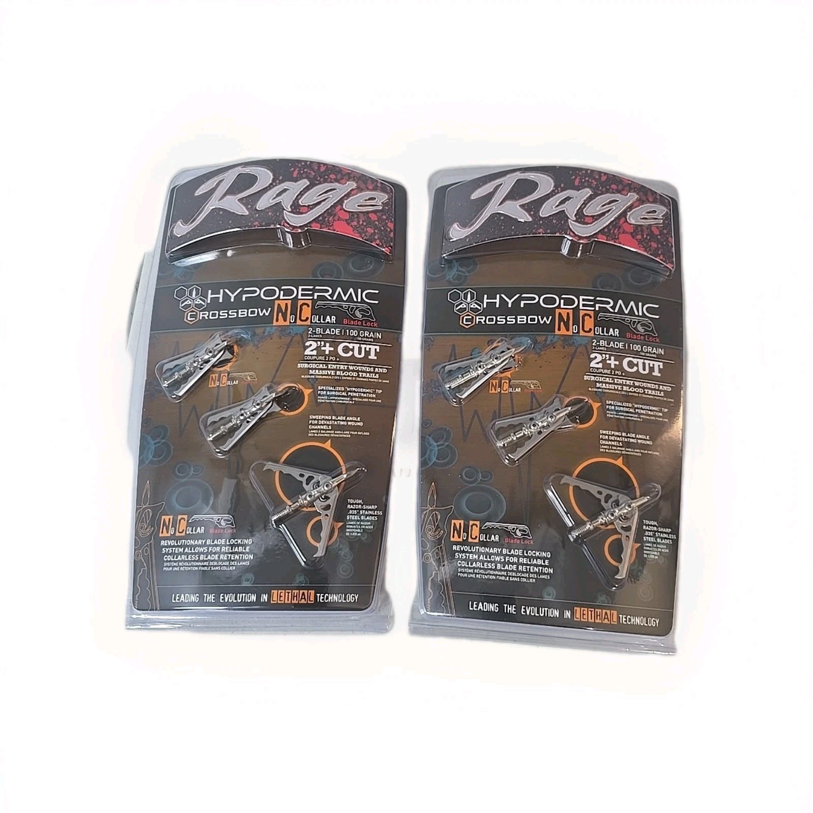 2x Rage Hypodermic Crossbow No Collar 100 Grain Locking Broadhead 2" Cut NEW
