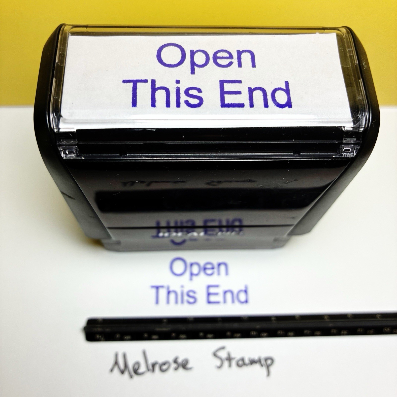Open This End Rubber Stamp Purple Ink Self Inking Ideal 4913