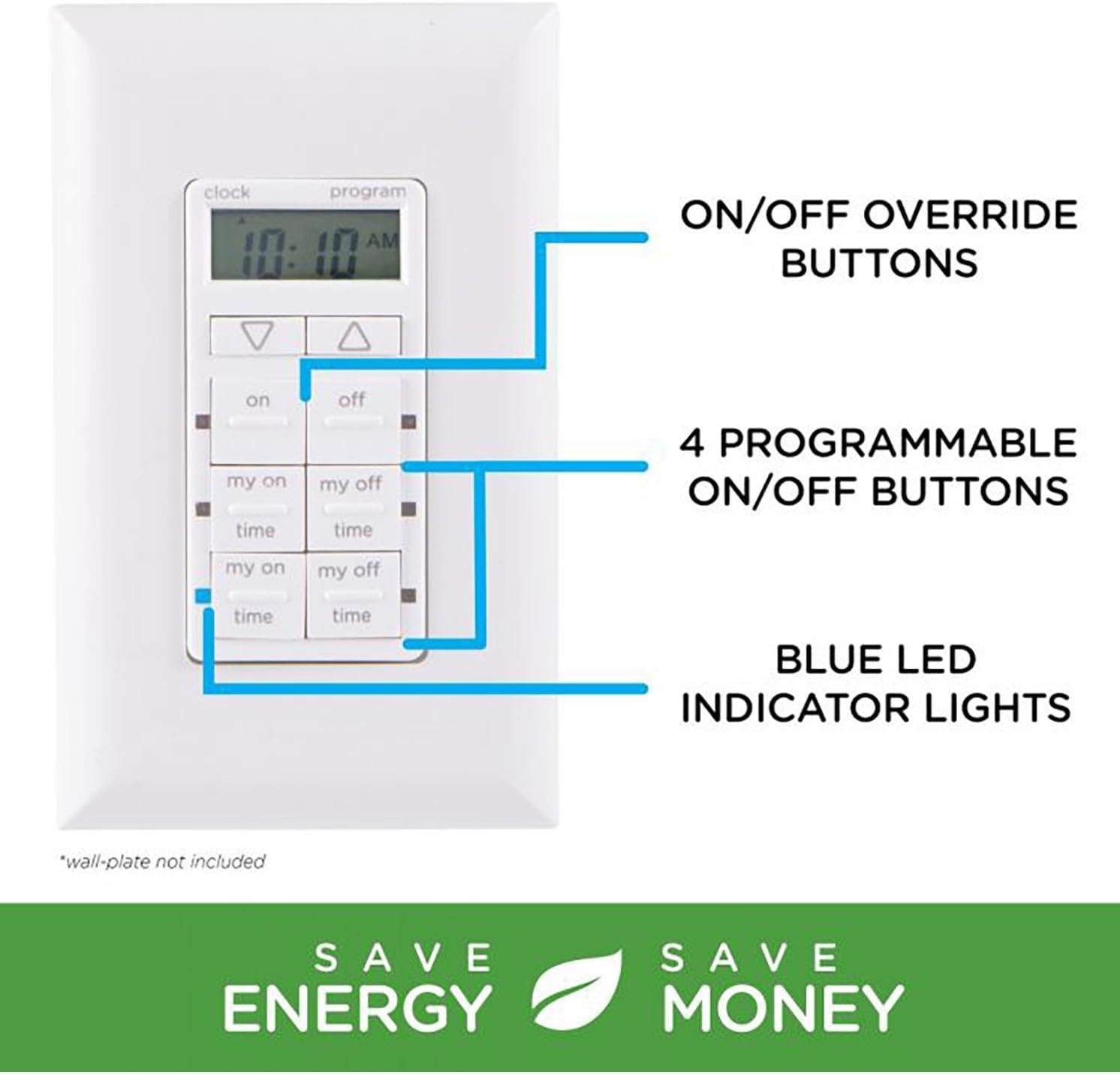 In-Wall Digital Timer, 4 Programmable On/Off Buttons, 2 Easy On/Off Buttons, 24
