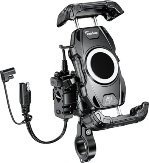 Motorcycle Smartphone Holder, Air Mount Vibration Absorption, QI & USB